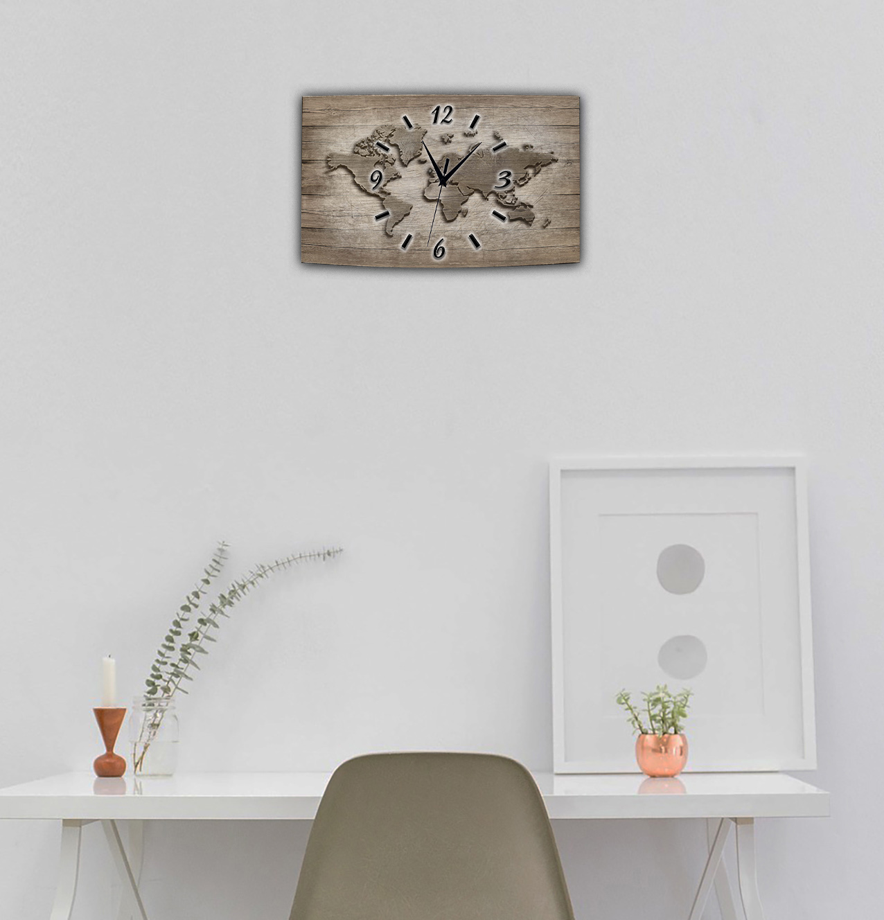 Wanduhr Funk oder Quarzuhr leise tickend  Weltkarte Abstrakt Holzoptik 50x30cm