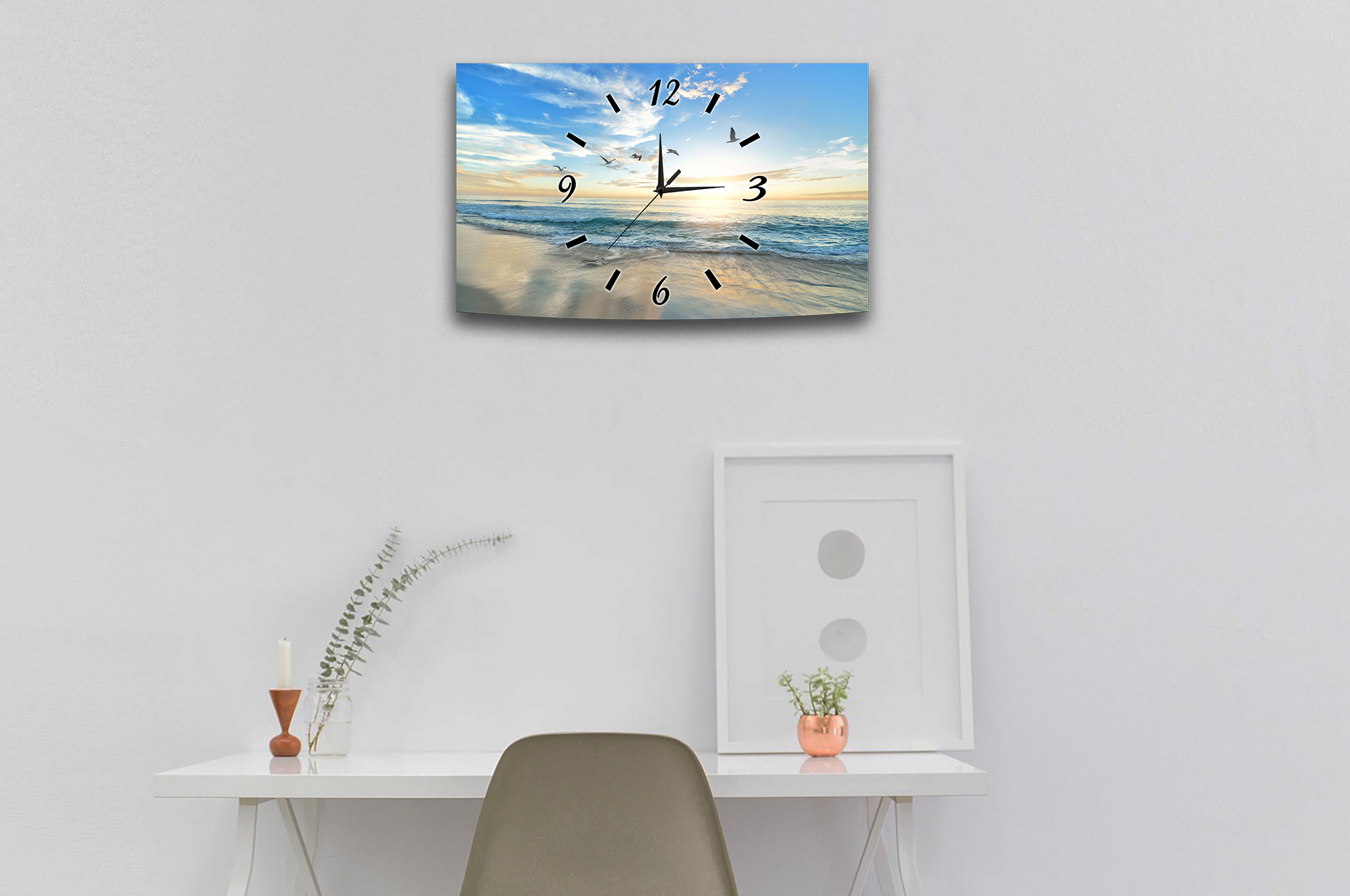 Wanduhr Funk oder Quarzuhr leise tickend Strand Meer  50x30cm