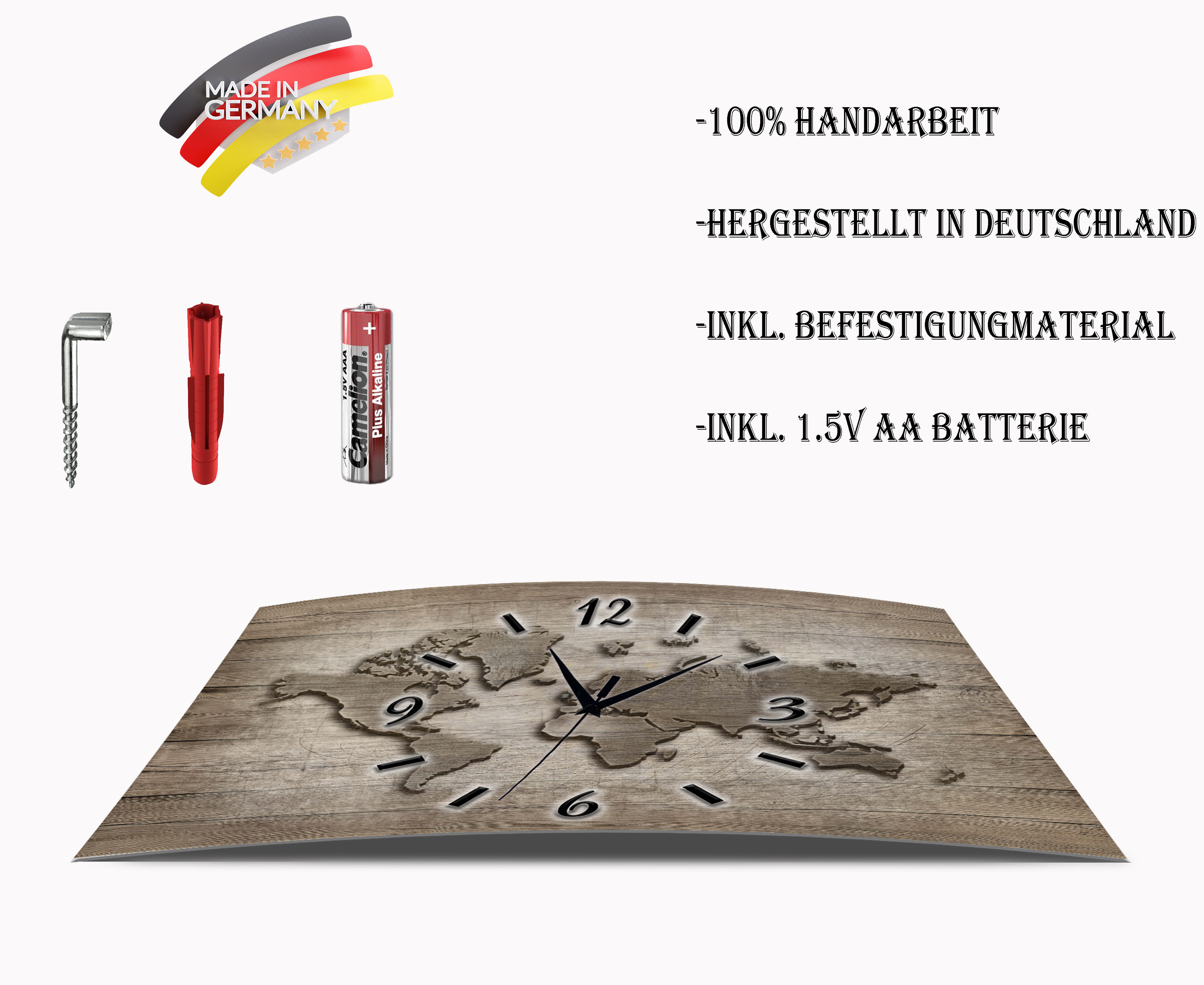 Wanduhr Funk oder Quarzuhr leise tickend  Weltkarte Abstrakt Holzoptik 50x30cm