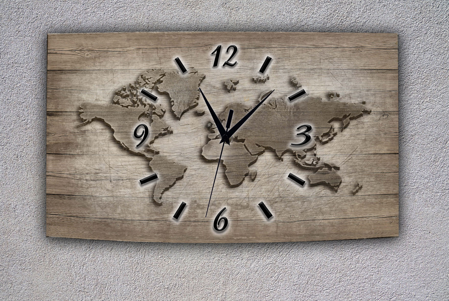 Wanduhr Funk oder Quarzuhr leise tickend  Weltkarte Abstrakt Holzoptik 50x30cm